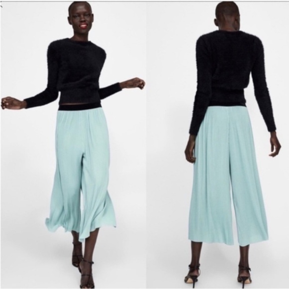 Zara Highrise Mint Green Ribbed Flows Wide-Leg Cropped Bohemian Pants Size Small